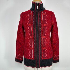 Eddie Bauer Nordic Fair Isle Ski Sweater Merino Wool Small Red Full-Zip Knit